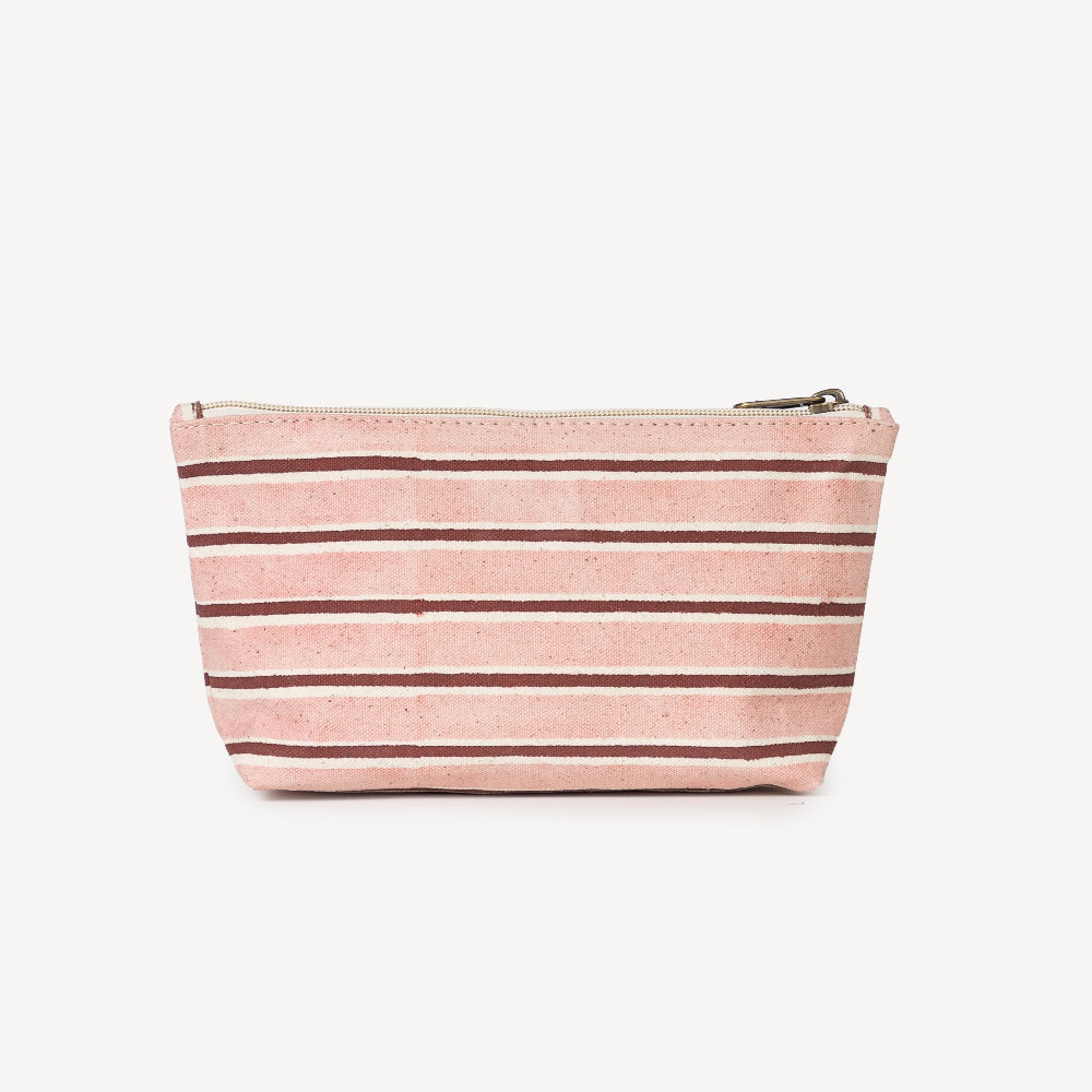 Striped pink and brown pouch on a white background