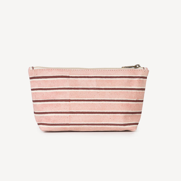 Striped pink and brown pouch on a white background