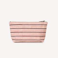 Striped pink and brown pouch on a white background