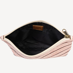 Pink striped pouch with a gold zipper on a white background
