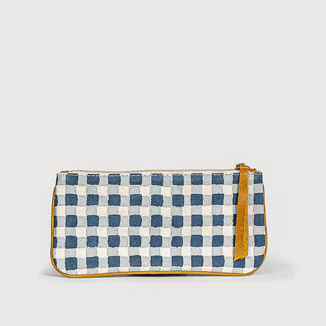 Block Print Pencil Pouch - Indigo Gingham