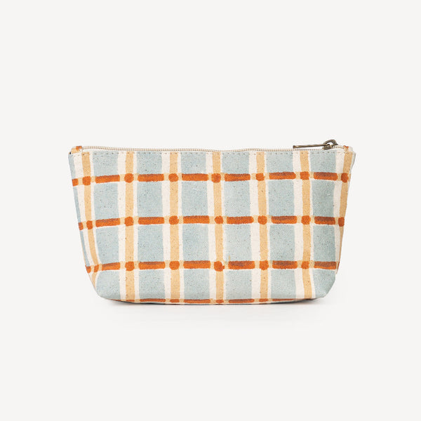 Plaid patterned pouch on a white background