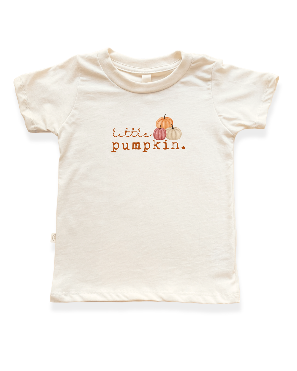A cream-colored short-sleeve baby t-shirt featuring a 'little pumpkin.' graphic with three watercolor pumpkins in orange, pink, and white on the chest.
