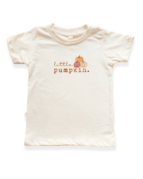 A cream-colored short-sleeve baby t-shirt featuring a 'little pumpkin.' graphic with three watercolor pumpkins in orange, pink, and white on the chest.