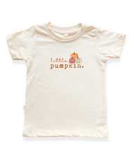 A cream-colored short-sleeve baby t-shirt featuring a 'little pumpkin.' graphic with three watercolor pumpkins in orange, pink, and white on the chest.