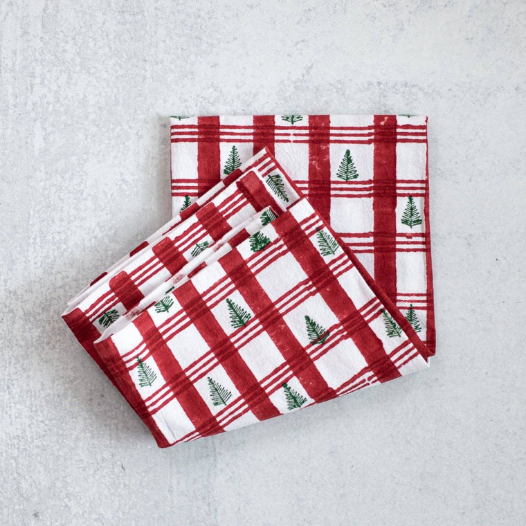 Tea Towel - Plaid Tree, Red & Evergreen