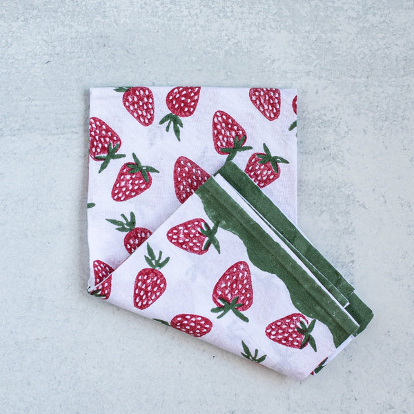 fair trade block print tea towels for summer strawberry