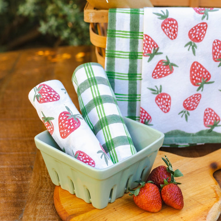 Block Print Tea Towels- Strawberry + Sage Plaid