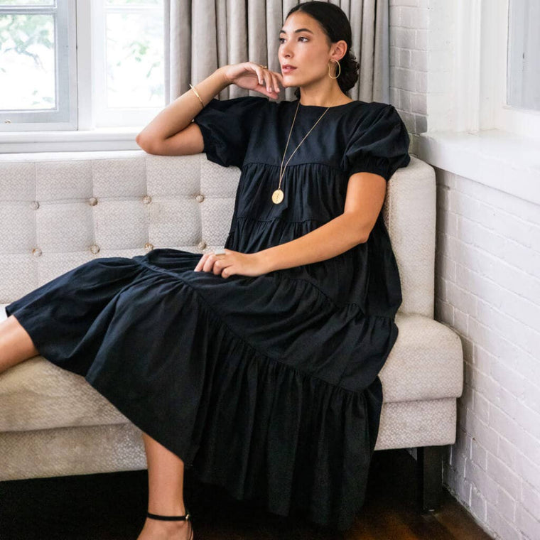 Black Tiered Ruffle Dress- Handwoven Cotton