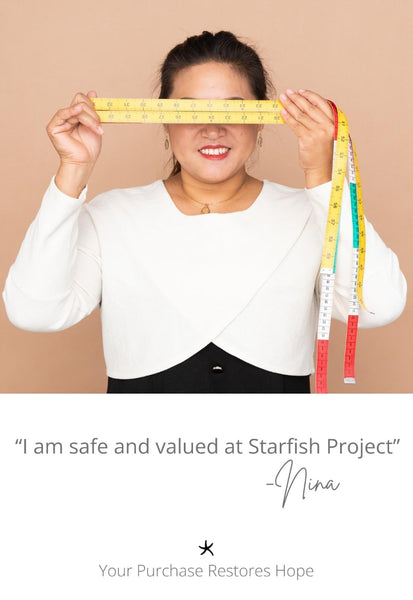 Woman holding measuring tapes with text about safety and value at Starfish Project