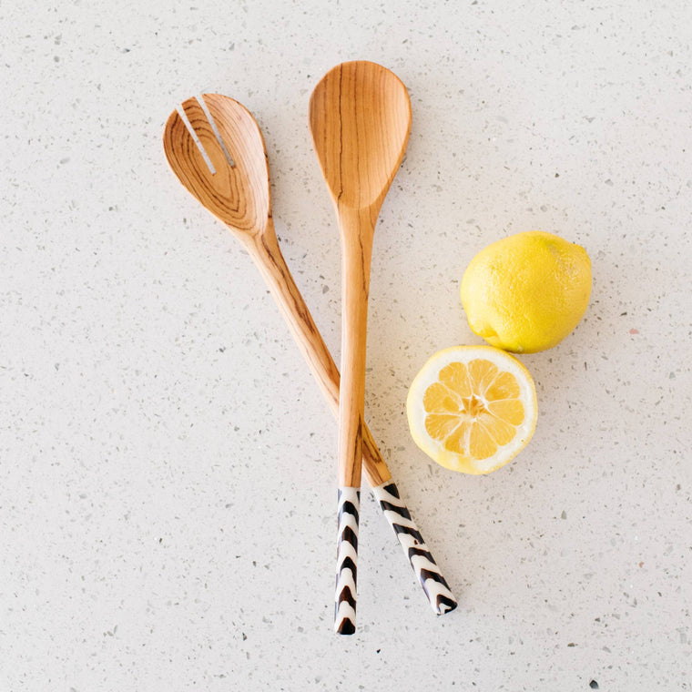 Olivewood Zig-Zag Salad Serving Set Spoons