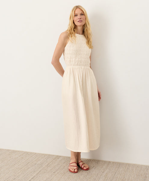 floral cream dress Coastal Organic Double Gauze Smocked Dress