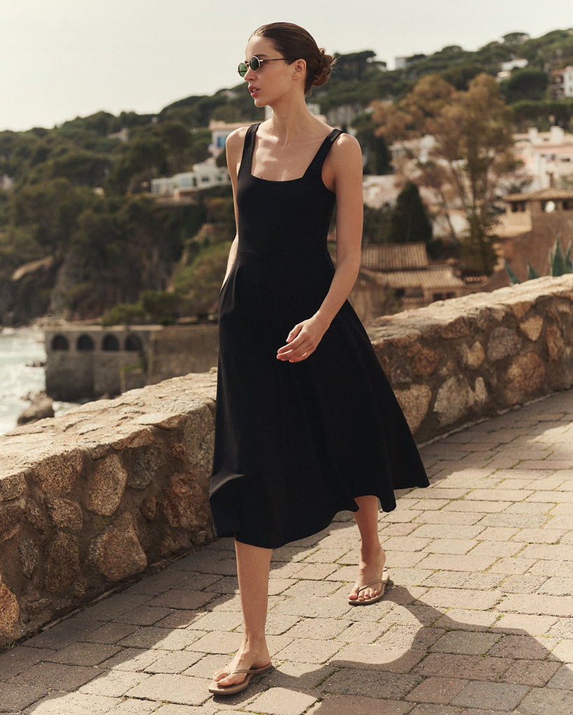 Pact Women's Organic Cotton Fit & Flare Square Neck Dress Black Small