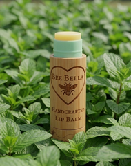 Bee Bella lip balm stick in a bamboo container on green leaves