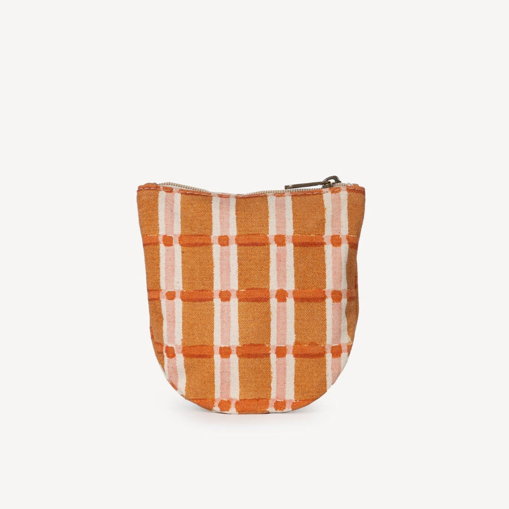 Small pouch with orange and white checkered pattern on a white background
