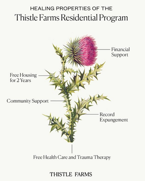 Illustration of a thistle plant with labeled healing properties of Thistle Farms Residential Program.