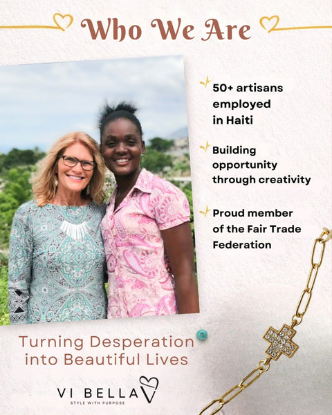 Two women standing together with text about artisans in Haiti and Fair Trade Federation, featuring a gold bracelet on a light background.