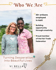 Two women standing together with text about artisans in Haiti and Fair Trade Federation, featuring a gold bracelet on a light background.