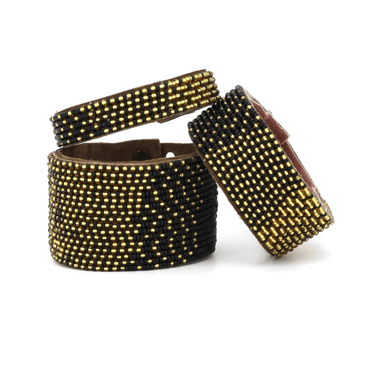 Gold + Black Beaded Leather Cuffs
