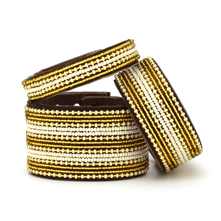 Gold + Pearl Beaded Leather Cuff