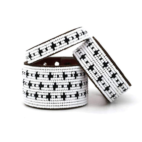 Beaded Leather Cuffs- Black + White Stars