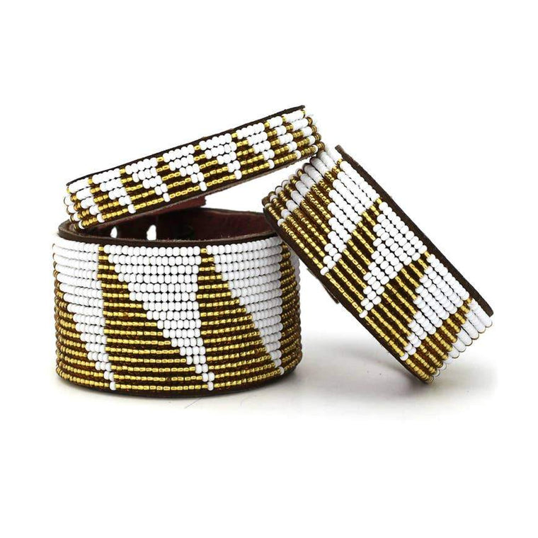 Triangle Beaded Leather Cuff- Gold